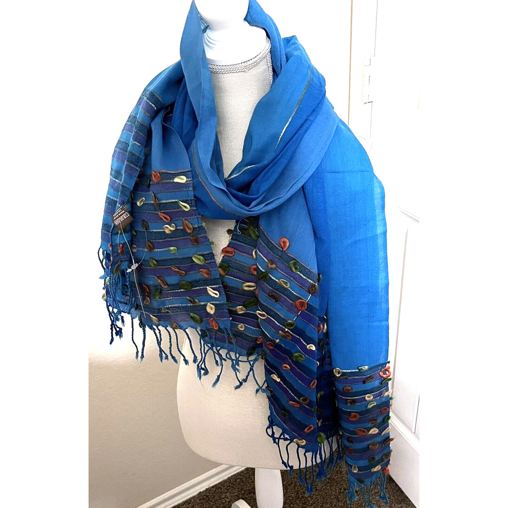 NWT Raj Hand-Knotted Pashmina Scarf Shawl Wrap Table Runner Blue